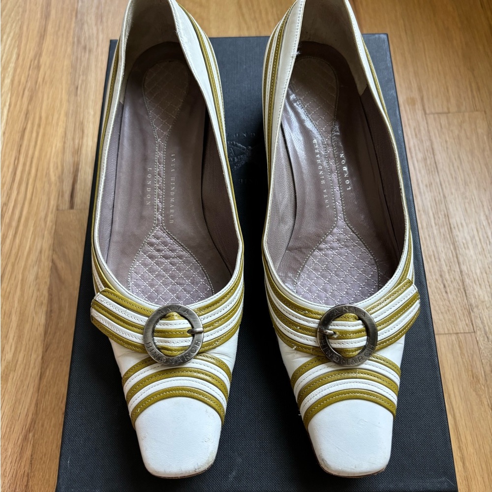 Anya Hindmarch White and Olive Striped Flats